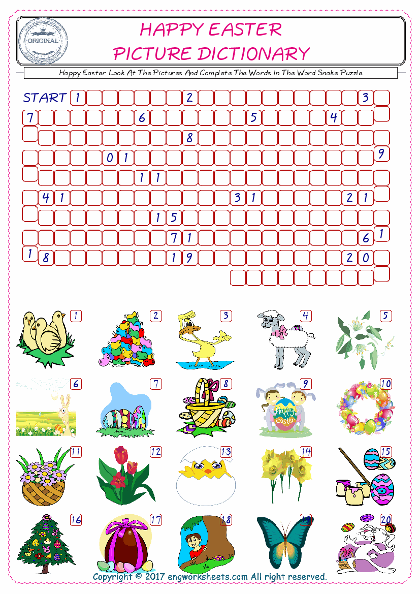  Check the Illustrations of Happy Easter english worksheets for kids, and Supply the Missing Words in the Word Snake Puzzle ESL play. 